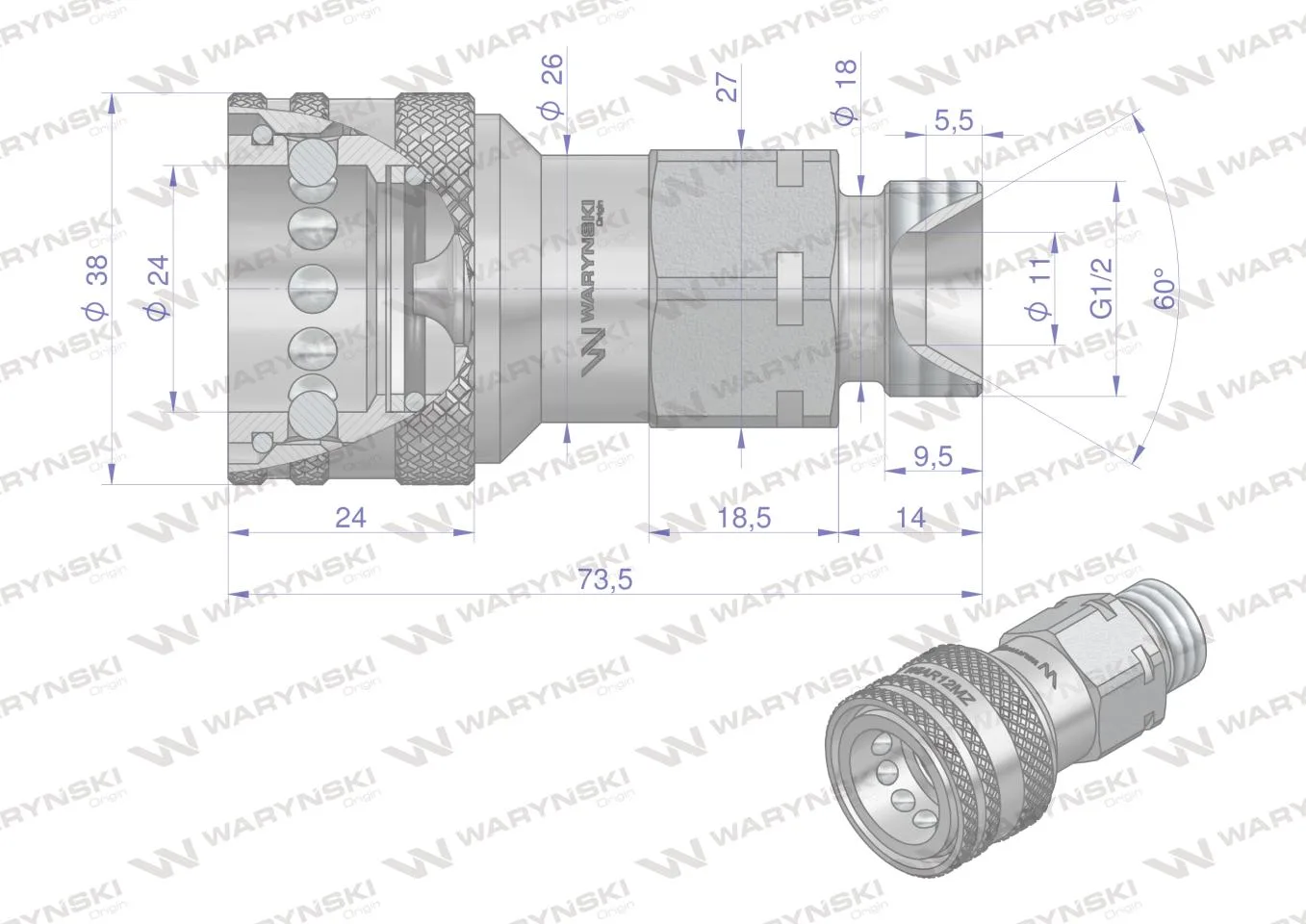 Szybkozłącze hydrauliczne gniazdo G1/2"BSP gwint zewnętrzny EURO ISO 7241-A Waryński - obrazek 4