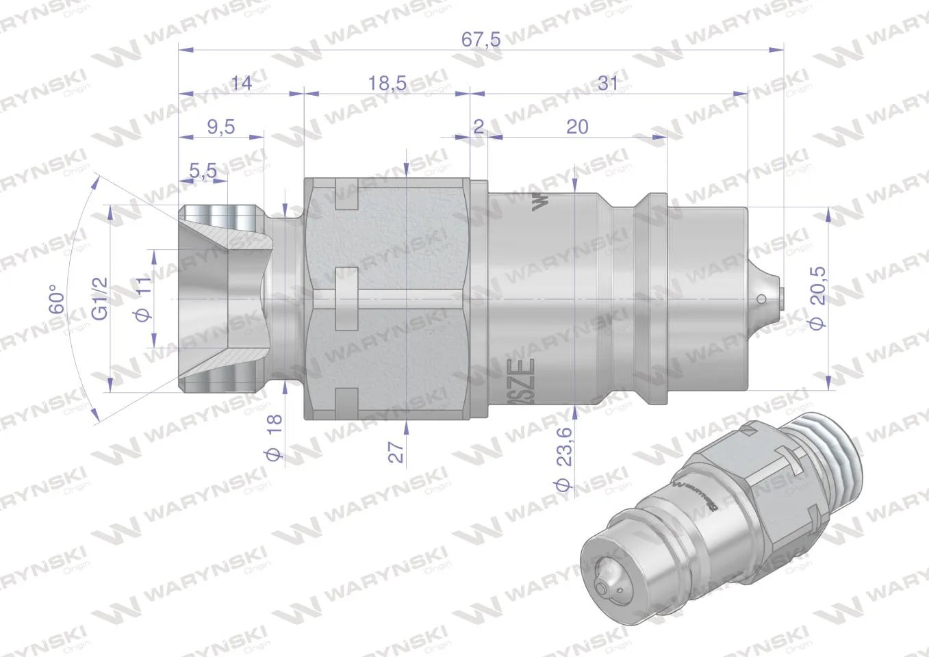 Szybkozłącze hydrauliczne wtyczka G1/2"BSP gwint zewnętrzny EURO ISO 7241-A z eliminatorem ciśnienia Waryński - obrazek 4