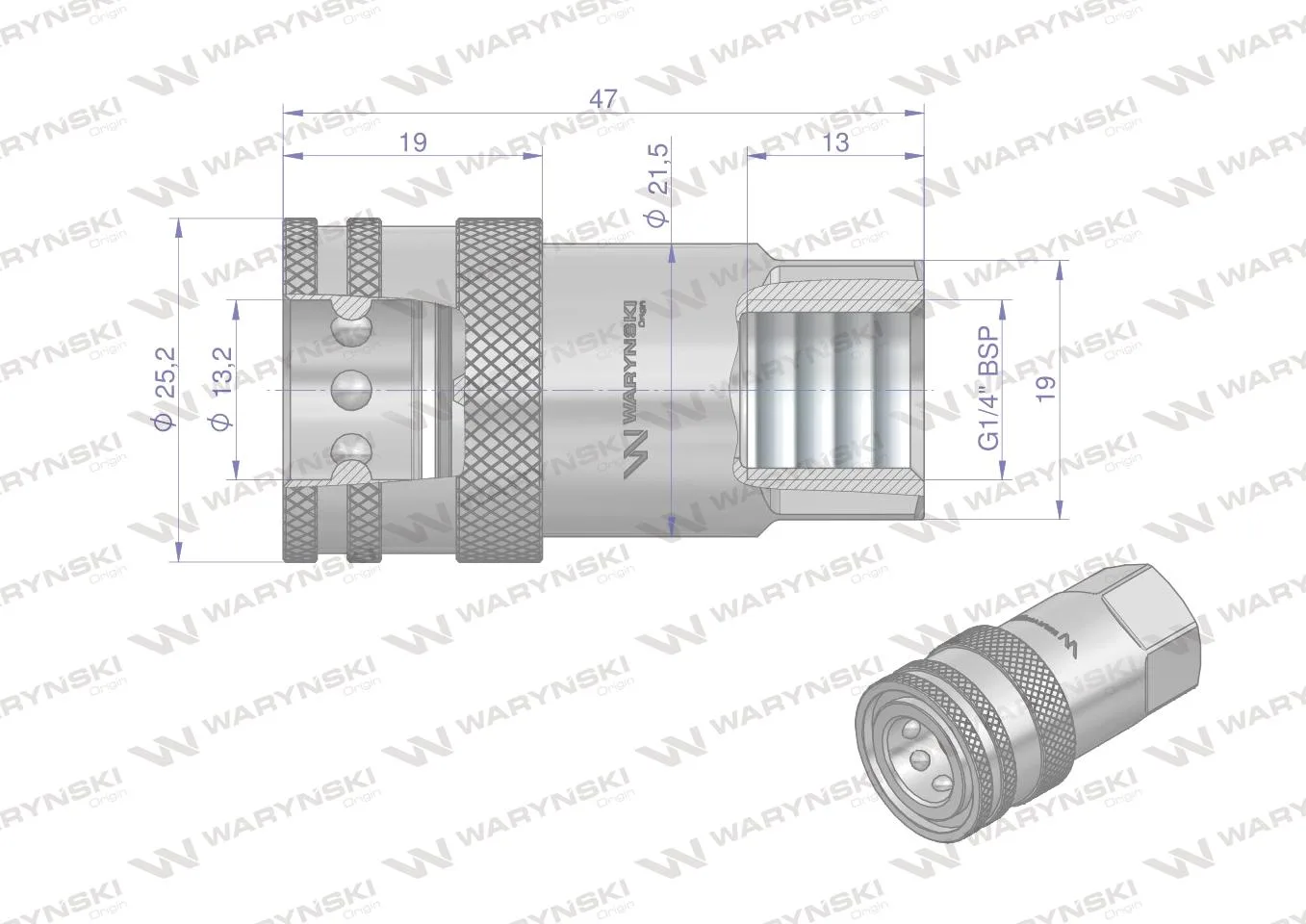 Szybkozłącze hydrauliczne gniazdo G1/4"BSP gwint wewnętrzny ISO 7241-A Waryński - obrazek 2