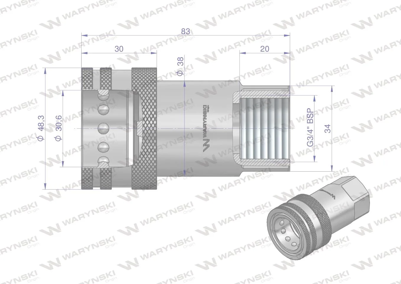 Szybkozłącze hydrauliczne gniazdo G3/4"BSP gwint wewnętrzny ISO 7241-A Waryński - obrazek 2