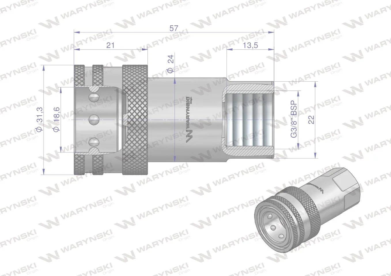 Szybkozłącze hydrauliczne gniazdo G3/8"BSP gwint wewnętrzny ISO 7241-A Waryński - obrazek 2