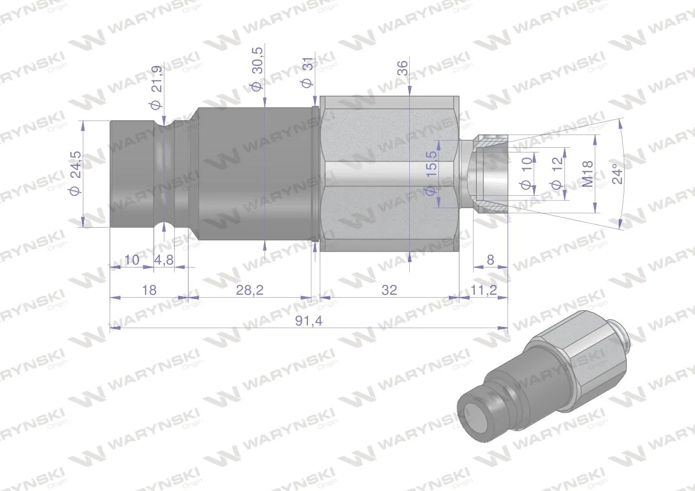 Szybkozłącze hydrauliczne suchoodcinające wtyczka M18x1.5 12L gwint zewnętrzny ISO16028 Waryński - obrazek 2