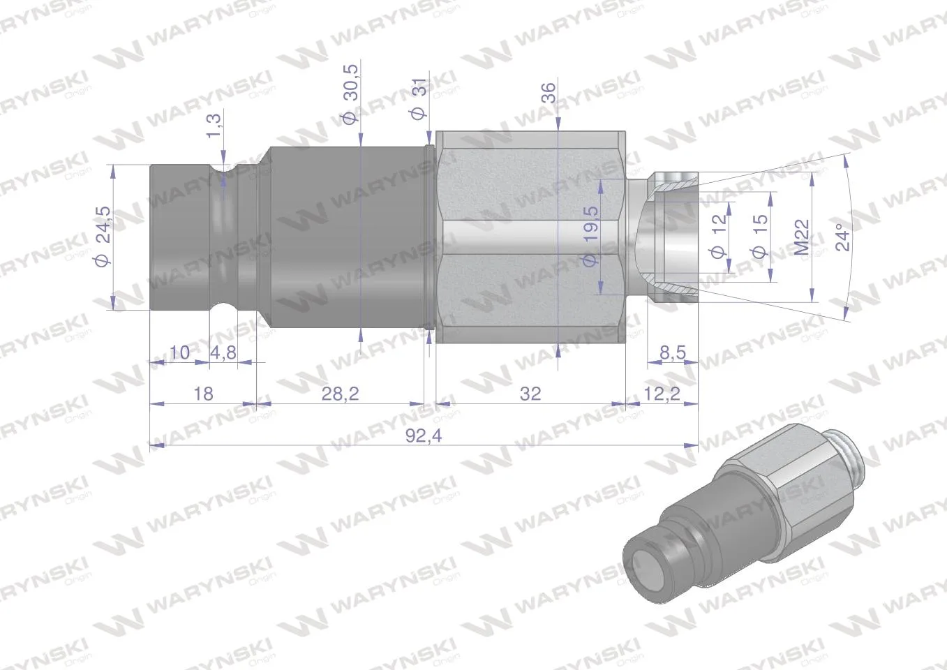 Szybkozłącze hydrauliczne suchoodcinające wtyczka M22x1.5 15L gwint zewnętrzny ISO16028 Waryński - obrazek 2