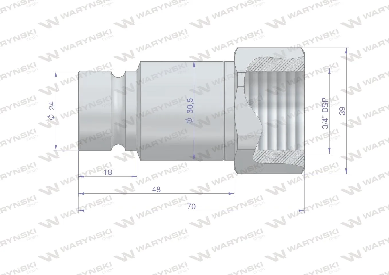 Szybkozłącze hydrauliczne suchoodcinające (rozmiar 1/2) wtyczka G3/4"BSP gwint wewnętrzny ISO16028 Waryński - obrazek 2