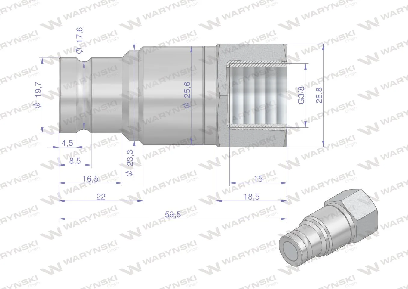 Szybkozłącze hydrauliczne suchoodcinające wtyczka G3/8"BSP gwint wewnętrzny ISO16028 Waryński - obrazek 5