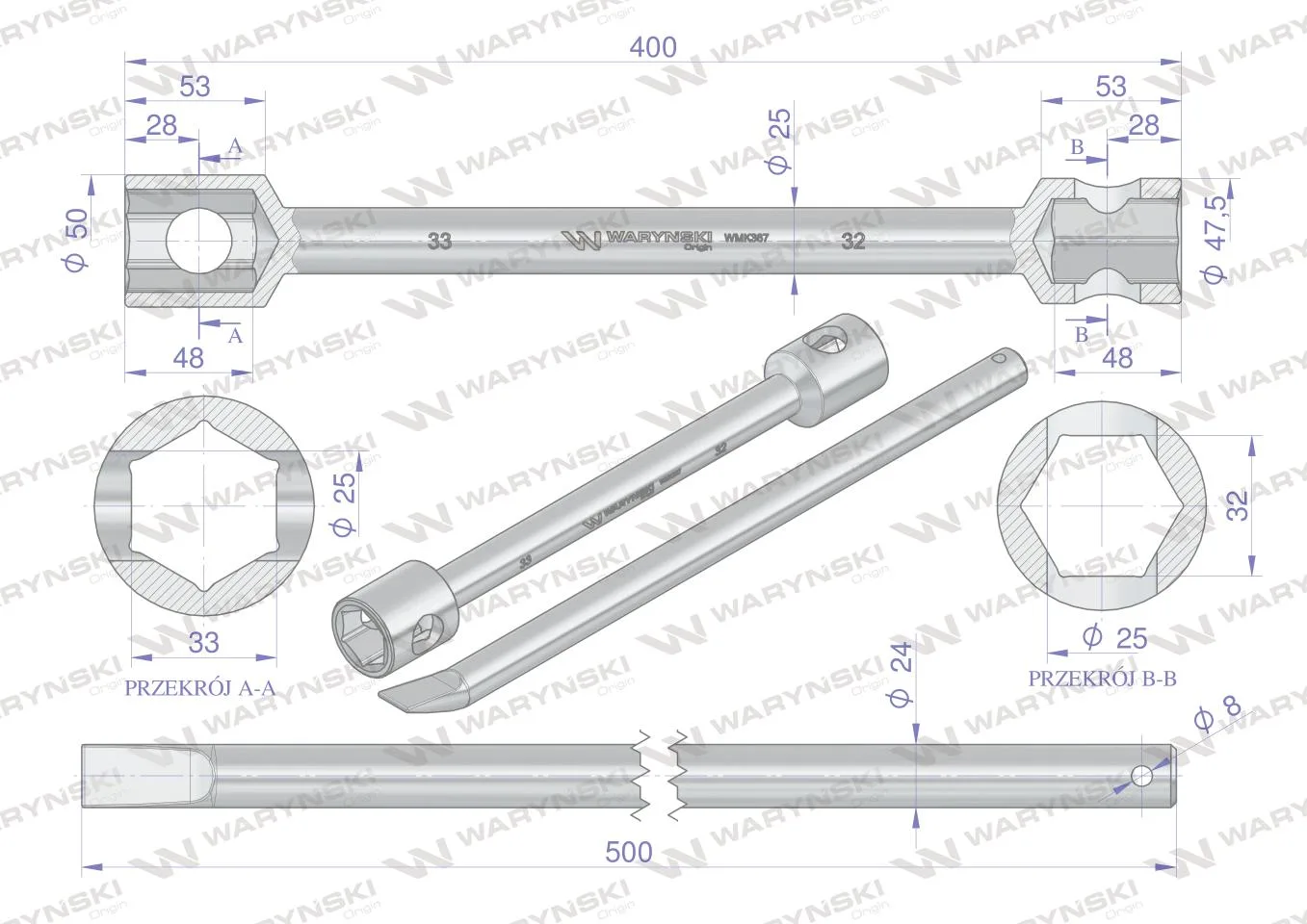 Klucz do kół , 395 mm długości rozmiar 32X33 mm z łyżką, do prac montażowych i demontażowych w mechanice , Waryński - obrazek 3