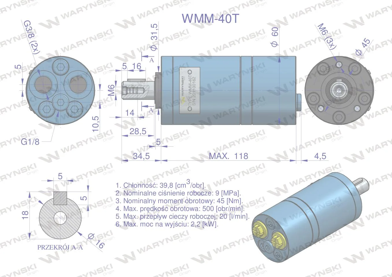 Silnik hydrauliczny orbitalny WMM 40 cm3/obr (90 bar / max.140 bar) przyłącza tylne Waryński - obrazek 5