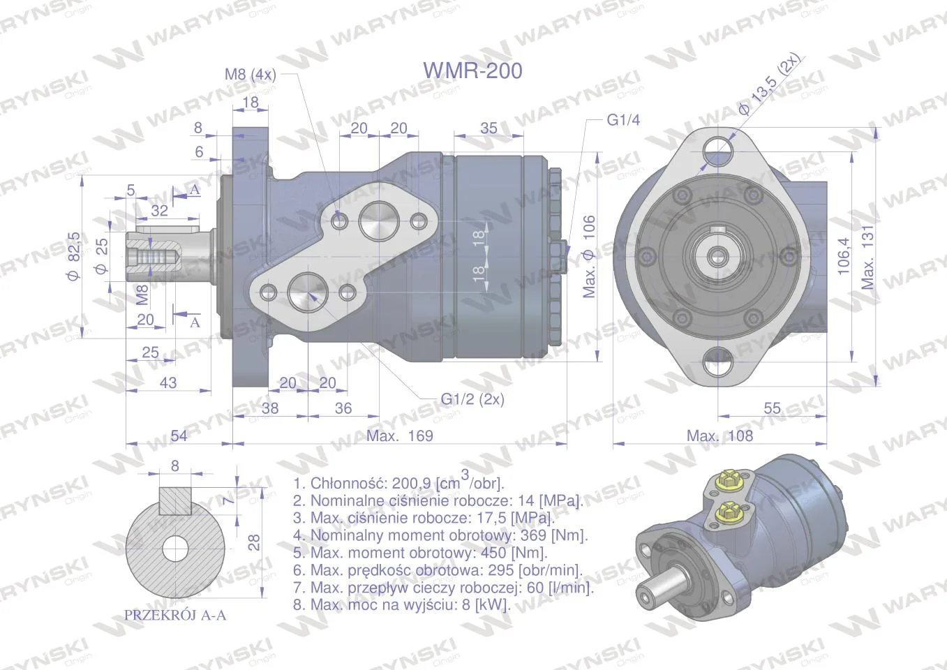 Silnik hydrauliczny orbitalny (stosowany do owijarek) WMR 200 cm3/obr (140 bar / max.200 bar) Waryński - obrazek 6