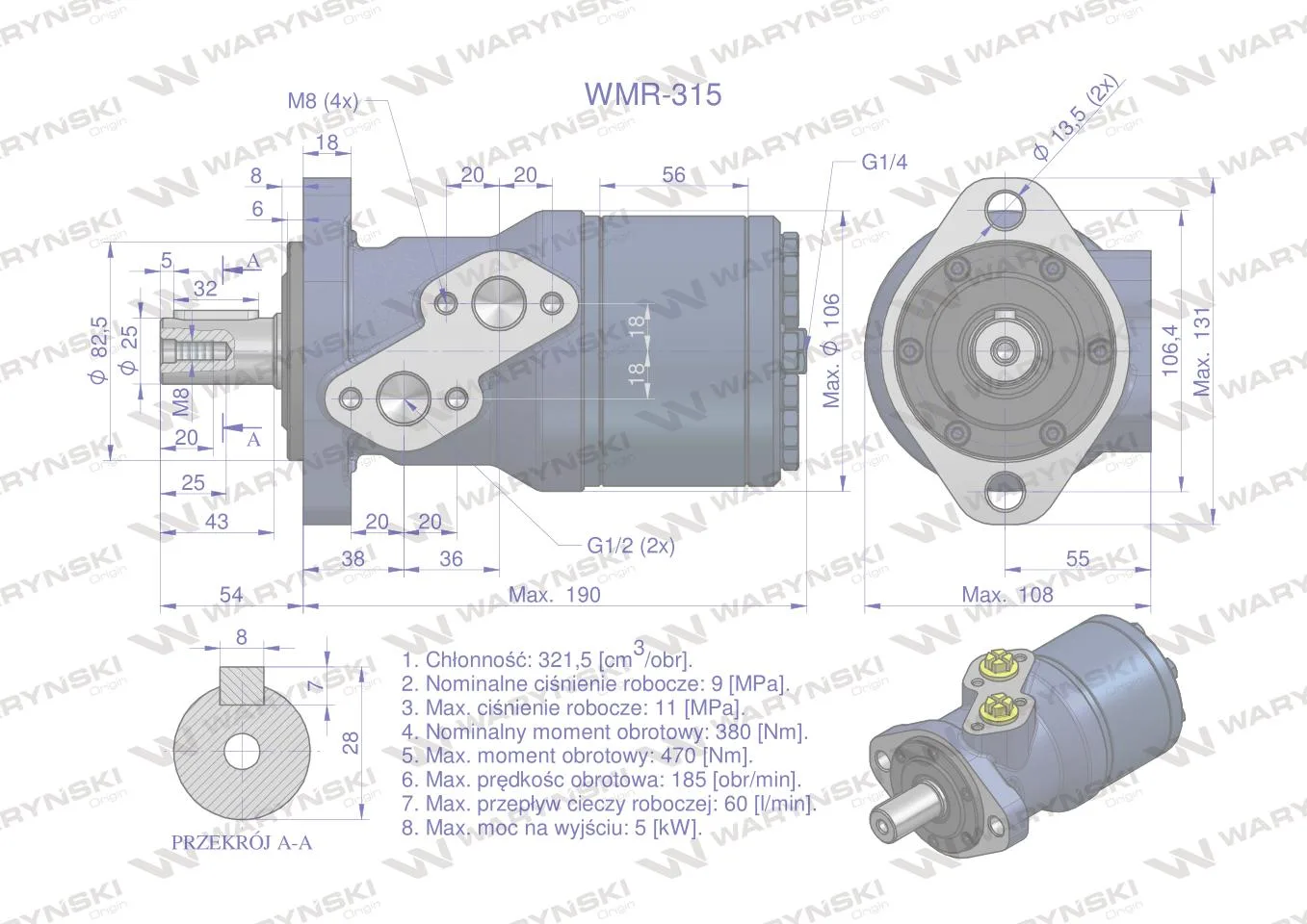 Silnik hydrauliczny orbitalny WMR 315 cm3/obr (90 bar / max.130 bar) Waryński - obrazek 5