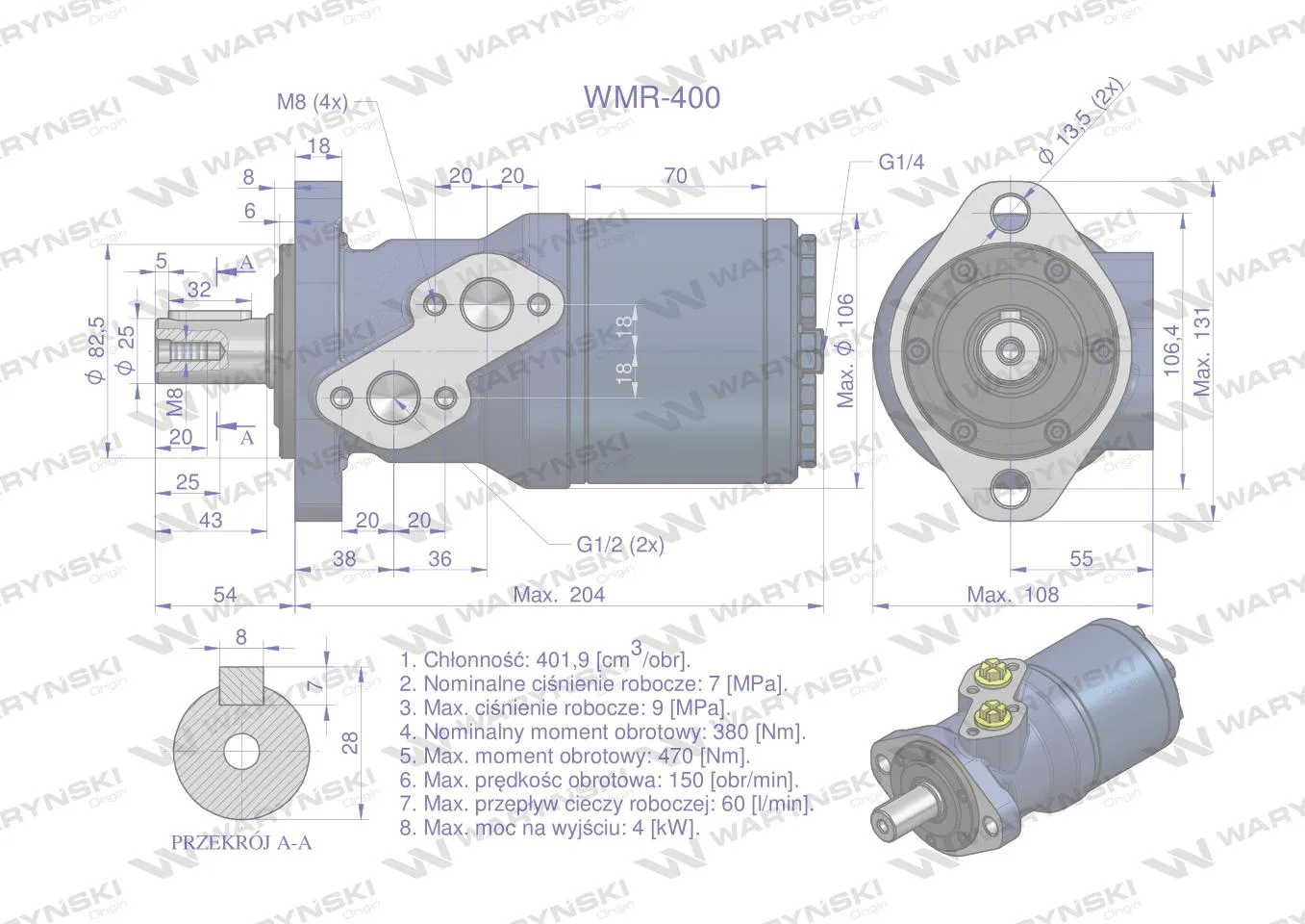 Silnik hydrauliczny orbitalny WMR 400 cm3/obr (70 bar / max.110 bar) Waryński - obrazek 6
