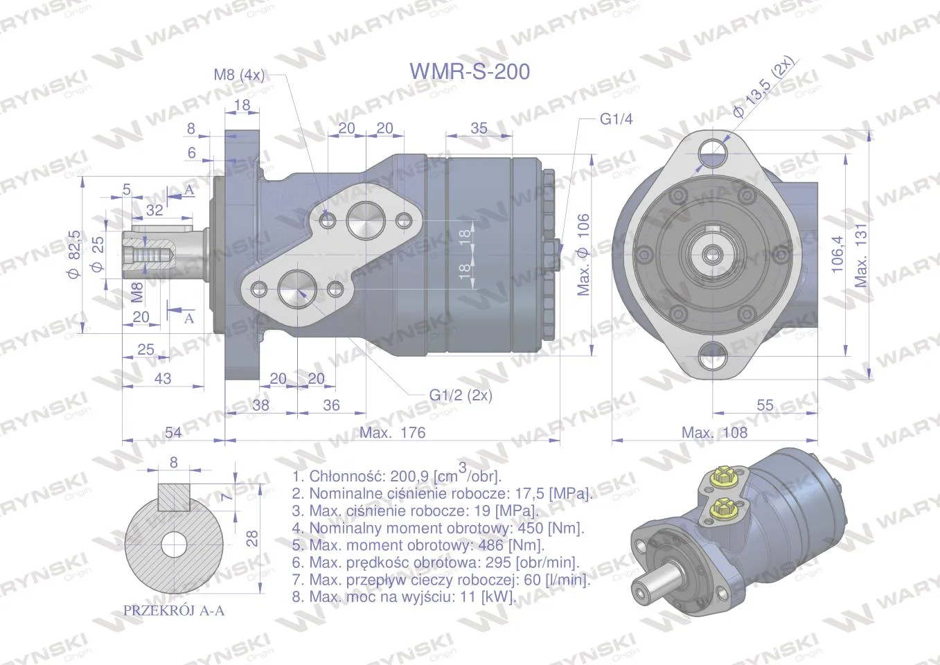 Silnik hydrauliczny orbitalny (stosowany do owijarek) wzmacniany WMR-S 200 cm3/obr (175 bar / max.200 bar) Waryński - obrazek 6