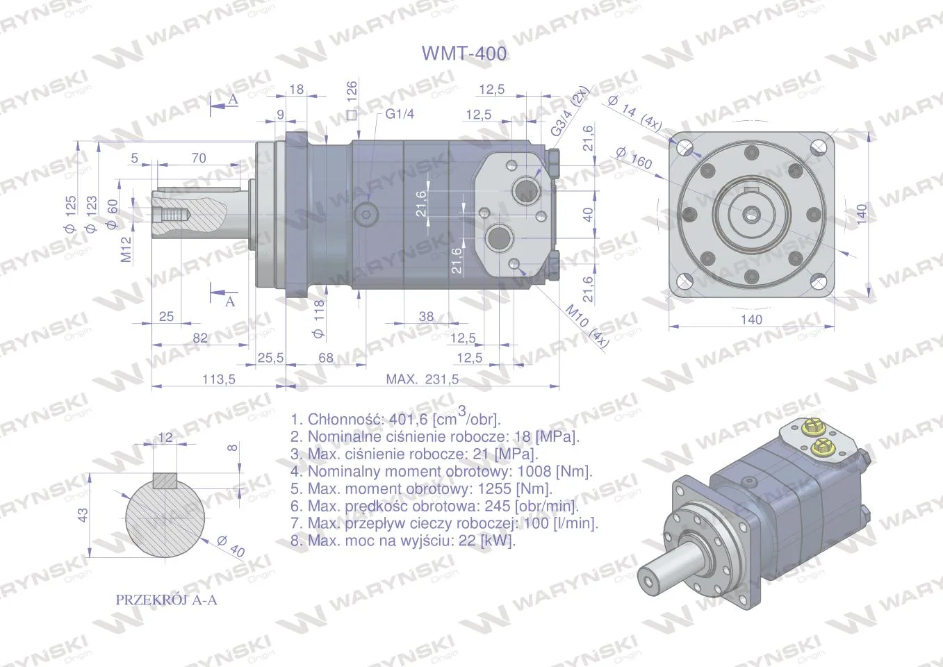 Silnik hydrauliczny orbitalny WMT 400 cm3/obr (180 bar / max.240 bar) Waryński - obrazek 5