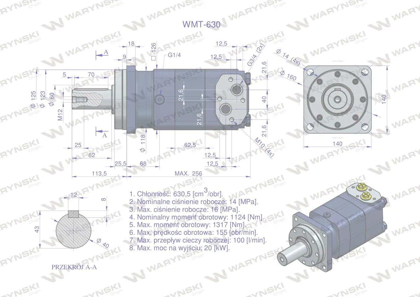 Silnik hydrauliczny orbitalny WMT 630 cm3/obr (140 bar / max.190 bar) Waryński - obrazek 6