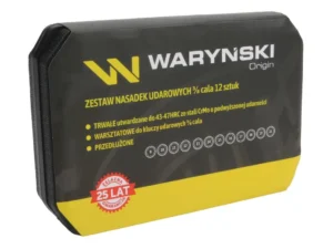 Zestaw nasadek udarowych, 3/8 cala przedłużanych z utwardzanej stali stopowej CrMo 12 el., do prac w mechanice pojazdowej, warsztatowych, konstrukcyjnych, Waryński