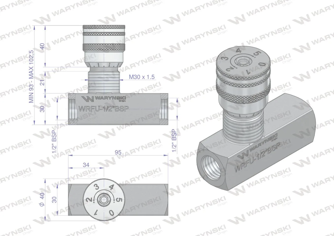 Zawór dławiąco-zwrotny WRFU 90 1/2"BSP Waryński - obrazek 3
