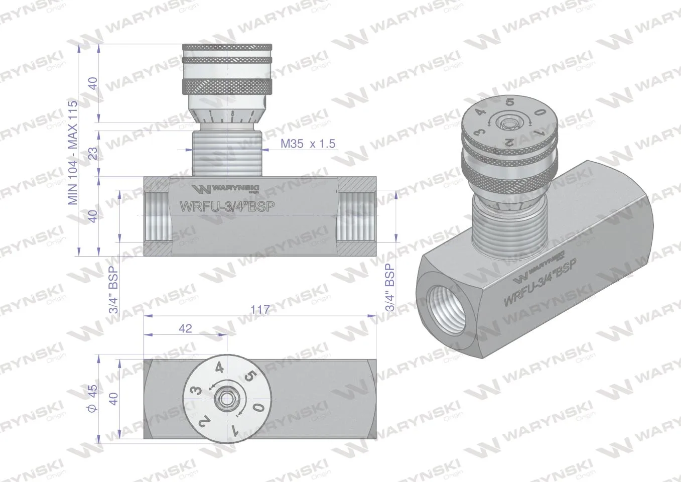 Zawór dławiąco-zwrotny WRFU 90 3/4"BSP Waryński - obrazek 3
