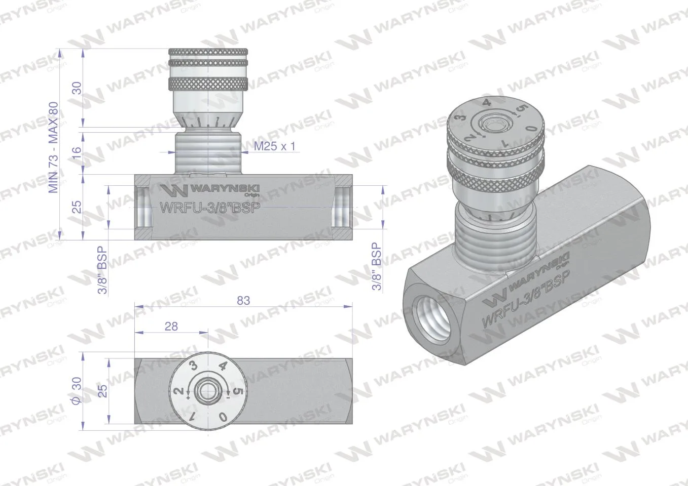 Zawór dławiąco-zwrotny WRFU 90 3/8"BSP Waryński - obrazek 3