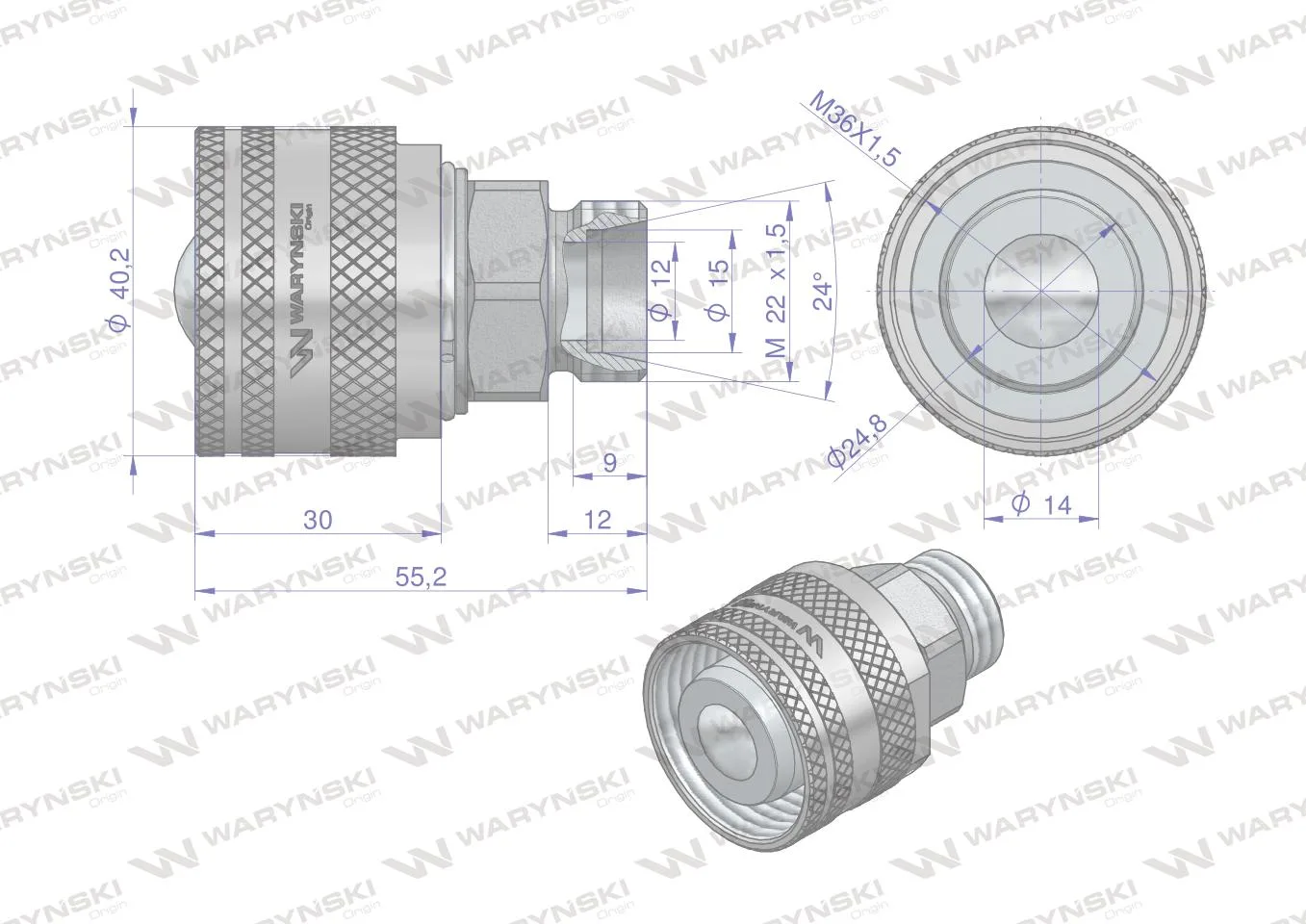 Komplet - zawór wtyczka M22x1.5 skręcane (50490030) z gwintowaną pokrywą/osłoną aluminiową Waryński - obrazek 3