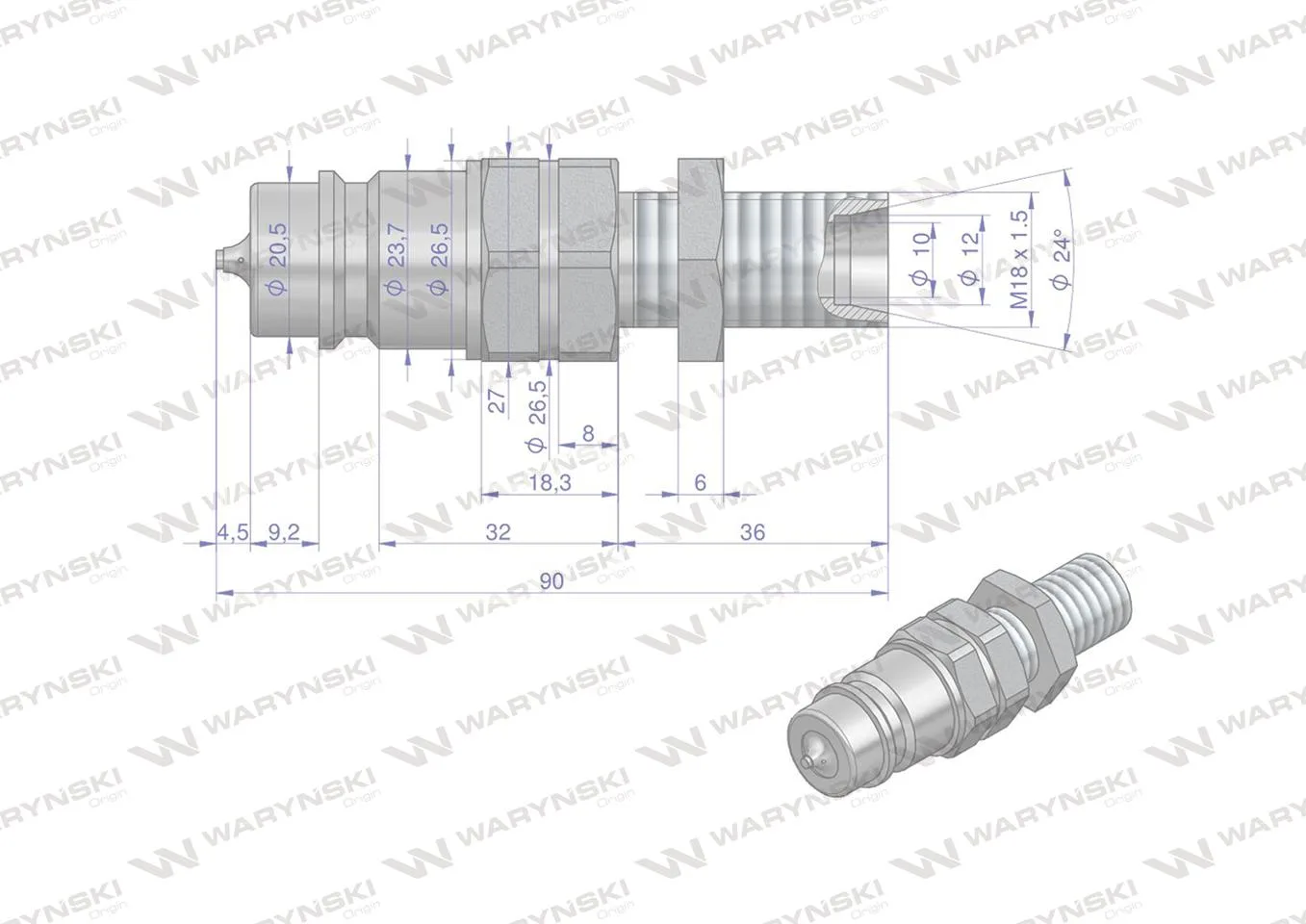Szybkozłącze hydrauliczne wtyczka long z eliminatorem ciśnienia M18x1.5 gwint zew. EURO (9100818W) (ISO 7241-A) Waryński (opakowanie 10szt) - obrazek 4