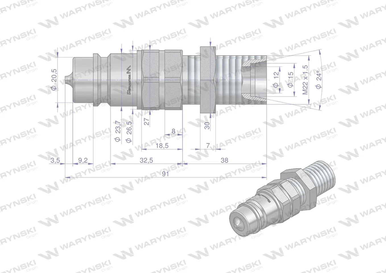 Szybkozłącze hydrauliczne wtyczka long M22x1.5 gwint zewnętrzny EURO (9100822W) (ISO 7241-A) Waryński (opakowanie 50szt) - obrazek 4
