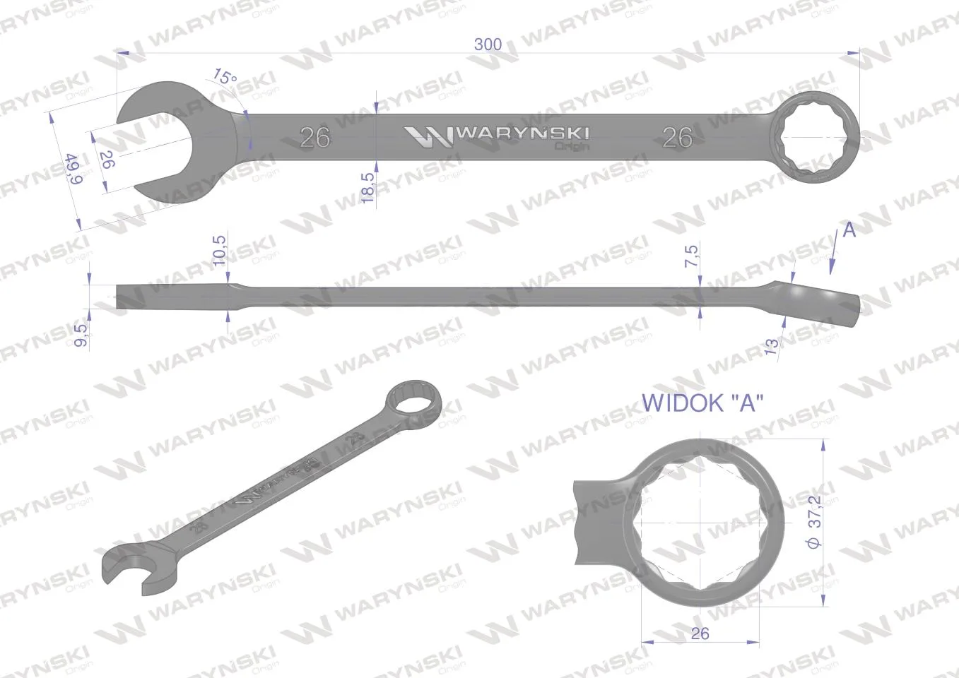 Klucz płasko-oczkowy, 26 mm CrV standard ASME B107-2010, Waryński - obrazek 2