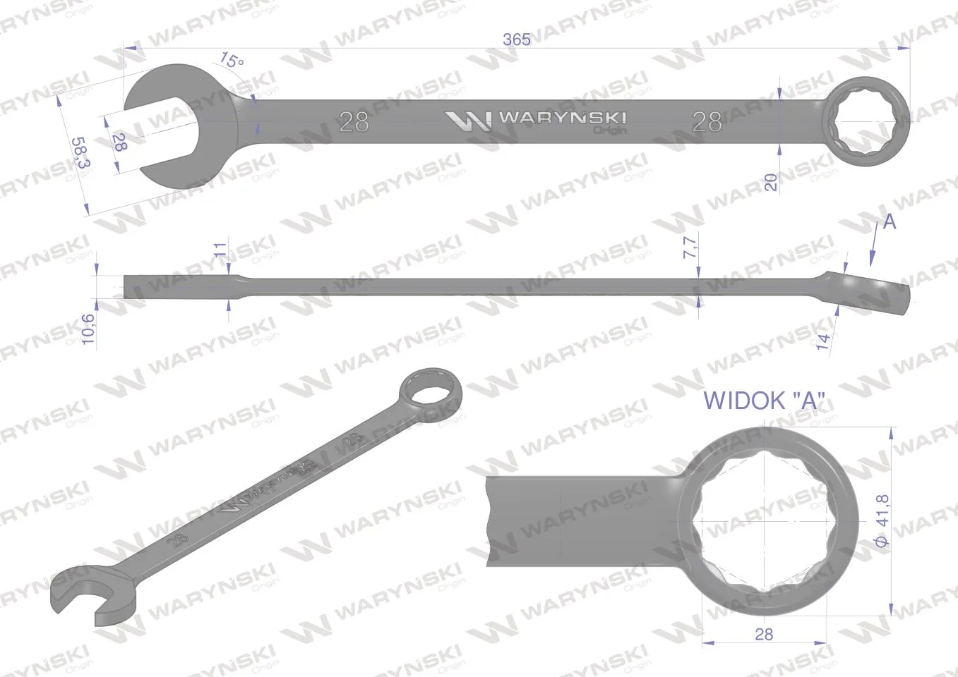 Klucz płasko-oczkowy, 28 mm CrV standard ASME B107-2010, Waryński - obrazek 2
