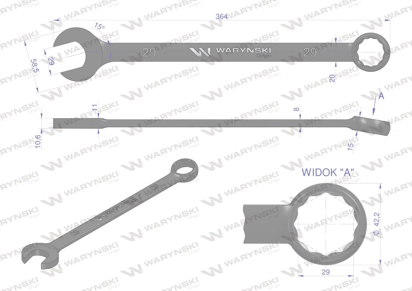 Klucz płasko-oczkowy, 29 mm CrV standard ASME B107-2010, Waryński - obrazek 2