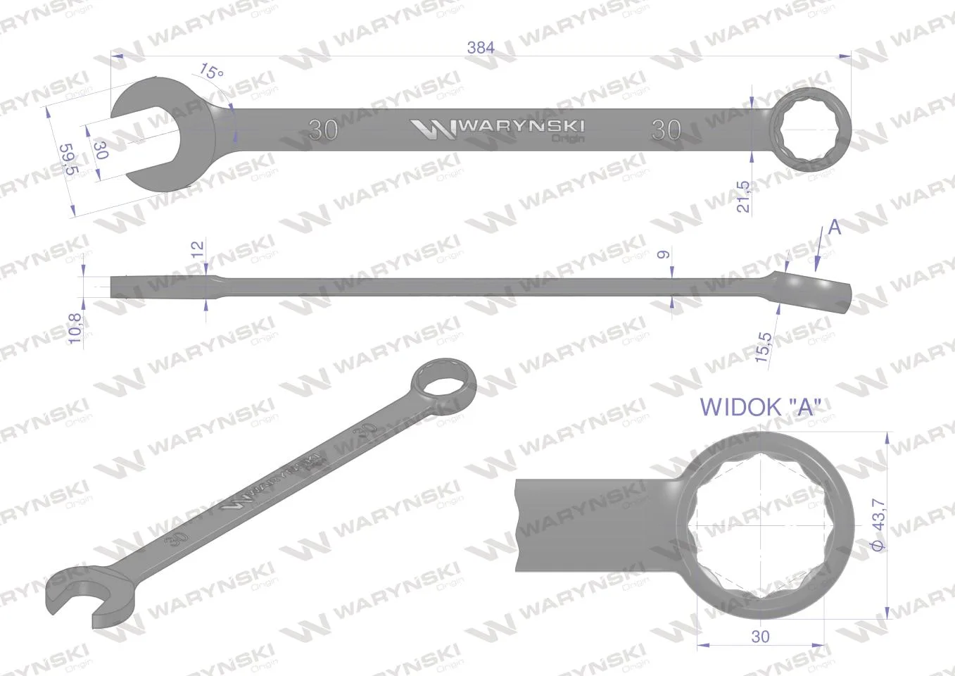 Klucz płasko-oczkowy, 30 mm CrV standard ASME B107-2010, Waryński - obrazek 2