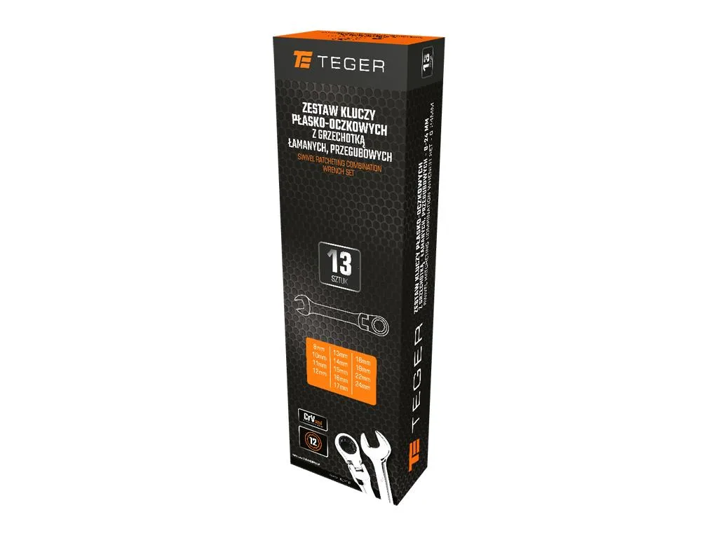 Zestaw kluczy płasko-oczkowych z grzechotką, łamanych, przegubowych, 8-24 mm, 13 szt, Teger - obrazek 3